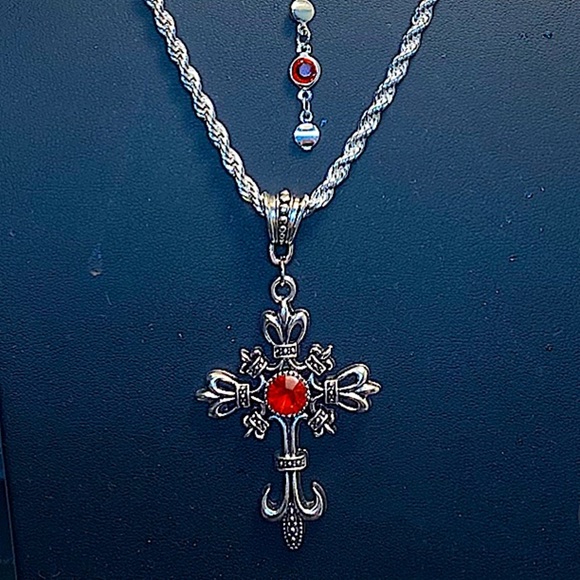 Sterling Silver Ruby Red Cross Layered Necklace Handmade Boho Tribal Punk - Picture 5 of 5